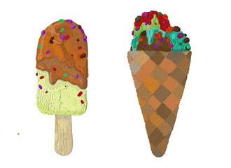 Colorful ice creams in white background for a summer, digital paint illustration and pattern