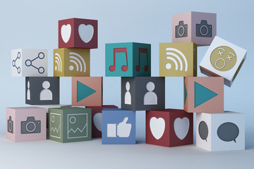Colourful Emojis icons and icons box. Social media concept.white background.3d rendering.