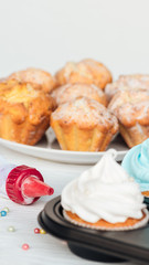 delicious muffins on plate and cupcakes in cupcake tray isolated on white