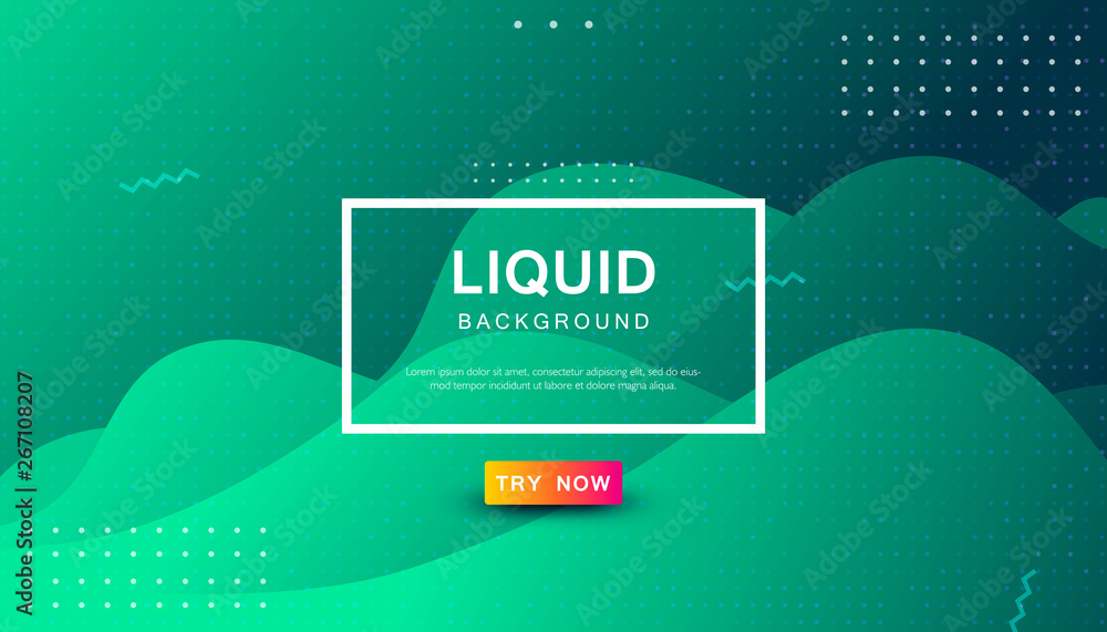 Poster green tosca liquid color background. dynamic textured geometric element design with dots decoration.