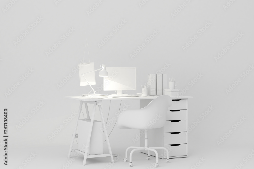 Poster white working desk decorations.3d rendering