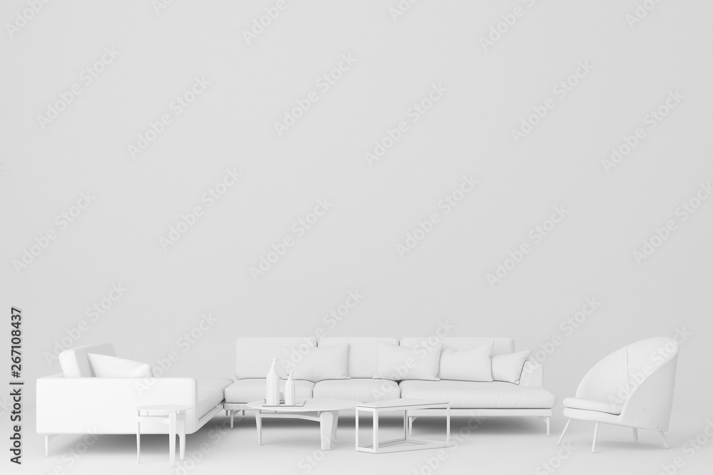 Poster white sofa l shape and armchair.3d rendering