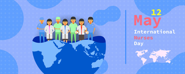 Naklejka premium 12 may. international nurses day. female doctor group stand on a half earth map different. vector illustration ep10