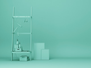Green shelf and artwork frame.3d rendering