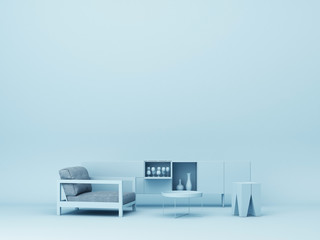 Blue sofa and console with decoration.3d rendering
