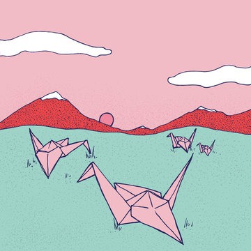 Origami Cranes Grazing In A Mountain Landscape