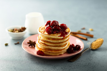 Homemade pancakes with spicy cherry sauce