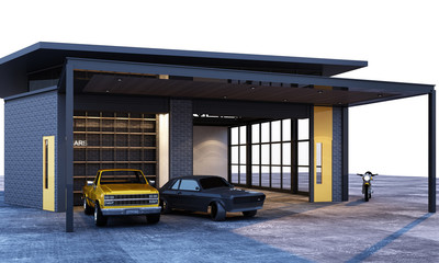 Exterior and interior garage industrial loft style with cars. 3d rendering