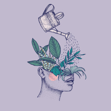 Illustration of watering can pouring over plants growing in head