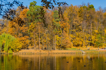 MOSCOW, RUSSIA - October 17, 2018: Panoramic view to the pond in Tsaritsyno park