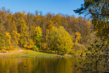 MOSCOW, RUSSIA - October 17, 2018: Panoramic view to the pond in Tsaritsyno park