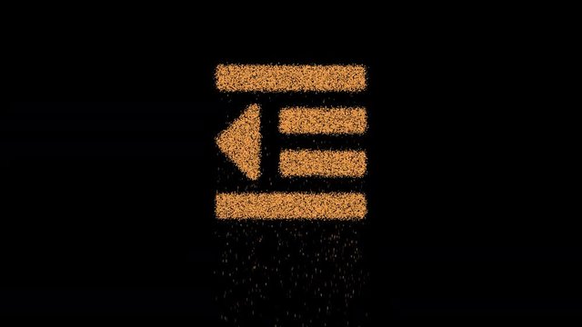 Symbol outdent appears from crumbling sand. Then crumbles down. Alpha channel Premultiplied - Matted with color black