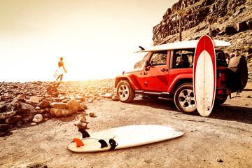 Red summer time on beach. Summer sunset time and free space for your decoration. 