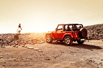 Red summer time on beach. Summer sunset time and free space for your decoration. 