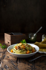 Pumpkin beef pasta with parsley sauce