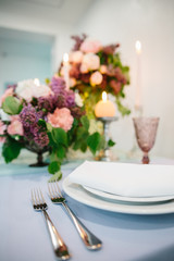 Wedding romantic dinner table settings.