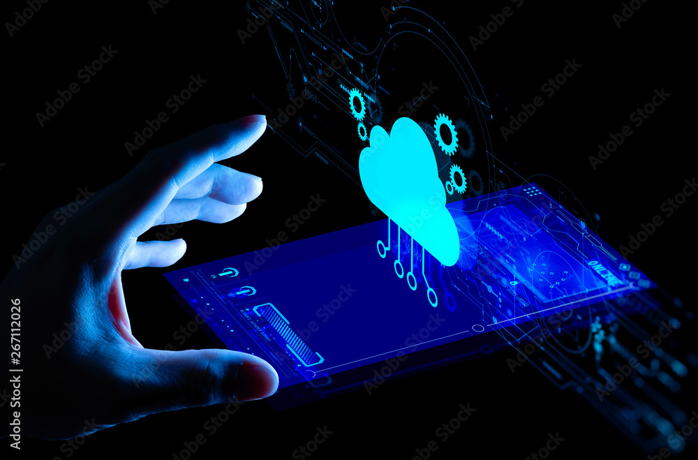 Poster Hand pushing icon Ui of Cloud Computing Technology Internet Storage Network Concept with smart phone.