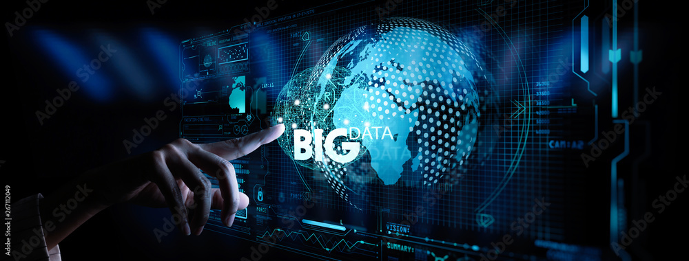 Poster Big data world and globe icon ui with hand selecting and pressing Big Data symbol and modern interface.