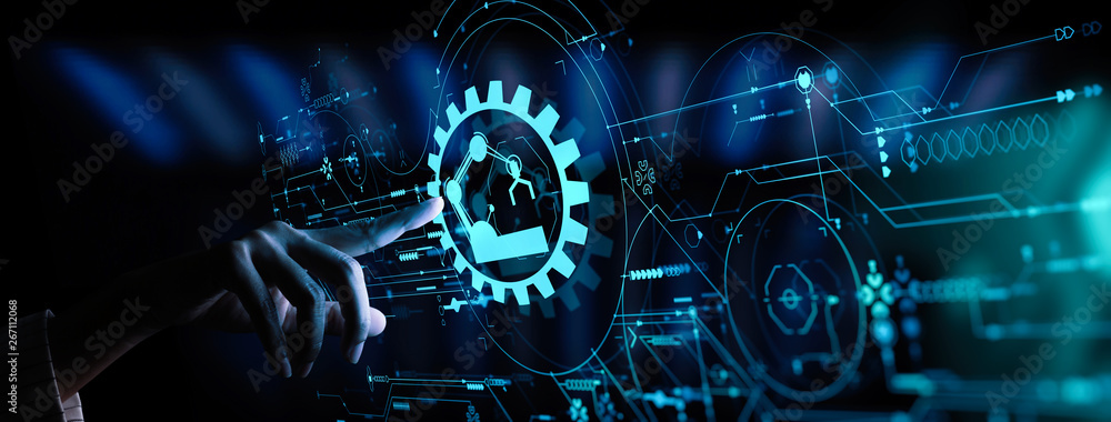 Aufkleber Engineer hand check and control welding robotics automatic arms icon with machine in intelligent factory automotive industrial with UI monitoring system software.