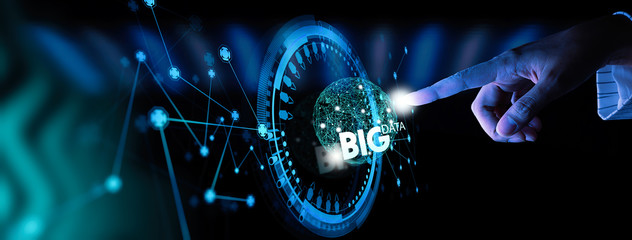 Big data world and globe icon ui with hand selecting and pressing Big Data symbol and modern interface.