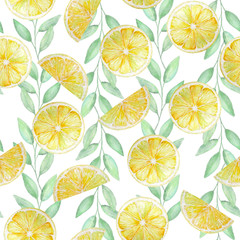 watercolor seamless pattern lemon wedges with branches