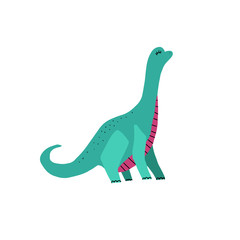 Dino color flat hand drawn vector character. Cute long neck dinosaur. Sketch Brachiosaurus with decor. Isolated cartoon illustration for kid game, book, t-shirt, textile isolated on white background