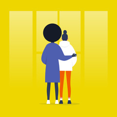 Young couple standing in front of the window. Relationships. Hugging partners. Love. Flat editable vector illustration, clip art