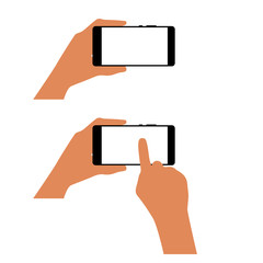 Hand with smartphone isolated on white background. Vector illustration.