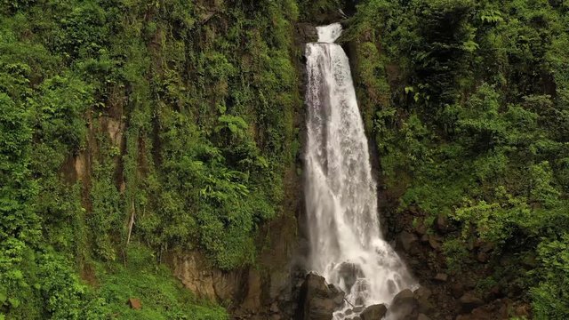 Cinematic Drone Aerial of Dominica Inland Rainforest Trafalgar Waterfalls on Carribean Island Morne Trios Pitons National Park