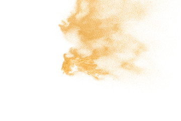 Brown dry river sand explosion isolated on white background. Abstract sand splash.