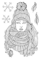 JPEG hand drawn fashion girl in a warm knitted hat and voluminous scarf, autumn winter season. Pattern for coloring book A4 size. Coloring book for adults.
