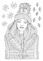 JPEG hand drawn fashion smiling girl in a warm knitted hat and coat, autumn winter season. Pattern for coloring book A4 size. .Coloring book for adults. Design card, print on t-shirt