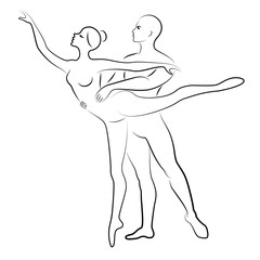Silhouette of a cute lady and youth, they dance ballet. The woman and the man have beautiful slender figures. Girl ballerina and boyfriend dancer. Ballet dancer. Vector illustration