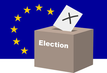 EU European Union election concept. Voting at the ballot box with  the european flag in the background. Illustration. Vector available.