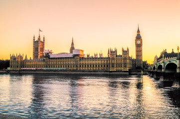 The House of Parliament over the Thames at sunset, London, United Kingdom