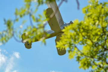 Biplane flying over leafy spring trees
