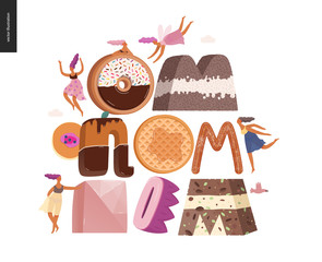 Dessert lettering - Om-nom-nom - modern flat vector concept digital illustration of temptation font, sweet lettering and girls. Caramel, toffee, biscuit, waffle, cookie, cream and chocolate letters