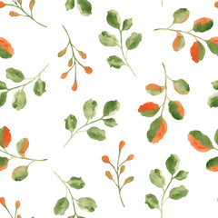 Fototapeta na wymiar Watercolor pattern of coral gray leaves and branches. Ideal for cards and invitations.