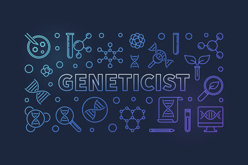 Geneticist colorful banner in outline style. Vector concept illustration with dark background