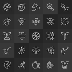 Genetically Modified Organism or GMO outline vector concept icons set on dark background