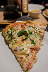 A piece of rustic pizza with melted cheese and herbs sprinkled on top