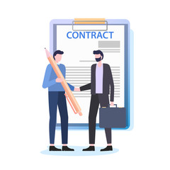 Businessmen Shake Hands Man with Pen Sign Contract Vector Illustration. Business Deal Document Agreement Employment Paper Real Estate Purchase Sale Mortgage Professional Lawer Work