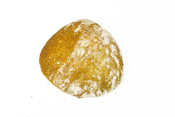 Loaf of crusty ciabatta bread. Isolated on white background. Top view