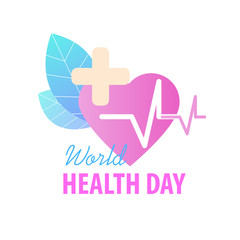 World Health Day Greeting Card Vector Illustration. 7 April Global Health Awareness Celebration Holiday. Medical Care Emblem Cardiology Heartbeat Heart Treatment Healthcare Background