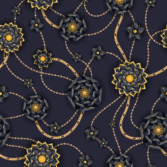 Abstract golden and black flowers and chains seamless background.