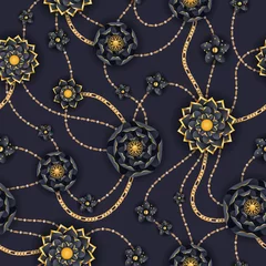 Printed roller blinds Floral element and jewels Abstract golden and black flowers and chains seamless background.