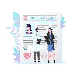 Male Doctor with Stethoscope Female Patient Card Vector Illustration. Man Medical Specialist Consultation Woman Appointment Medication Prescription Record Health Care Insurance Treatment
