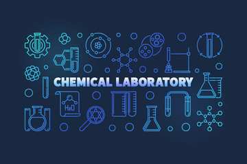 Chemical Laboratory vector blue outline illustration. Chemistry concept banner on dark background
