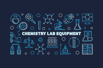 Chemistry Lab Equipment vector concept horizontal linear illustration on dark background 