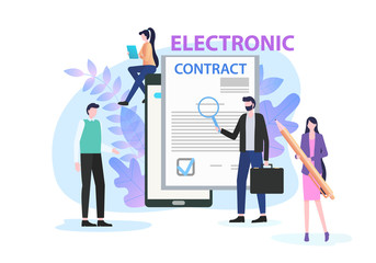 Businessman Study Electronic Contract with Magnifying Glass Vector Illustration. Woman with Pen Document Sign Digital Signature Concept. People Partnership Internet Employment Network Deal